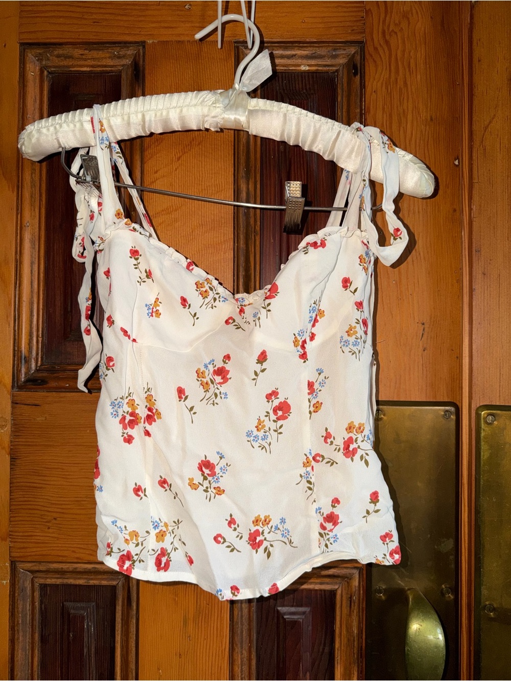 Reformation Floral Tie-Shoulder Cami Top in Off-White with Red & Blue Blooms